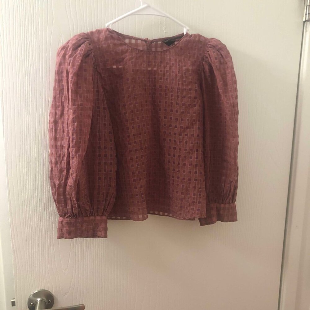 Zara Women's Sheer Check Puff Sleeve Blouse Sz XS